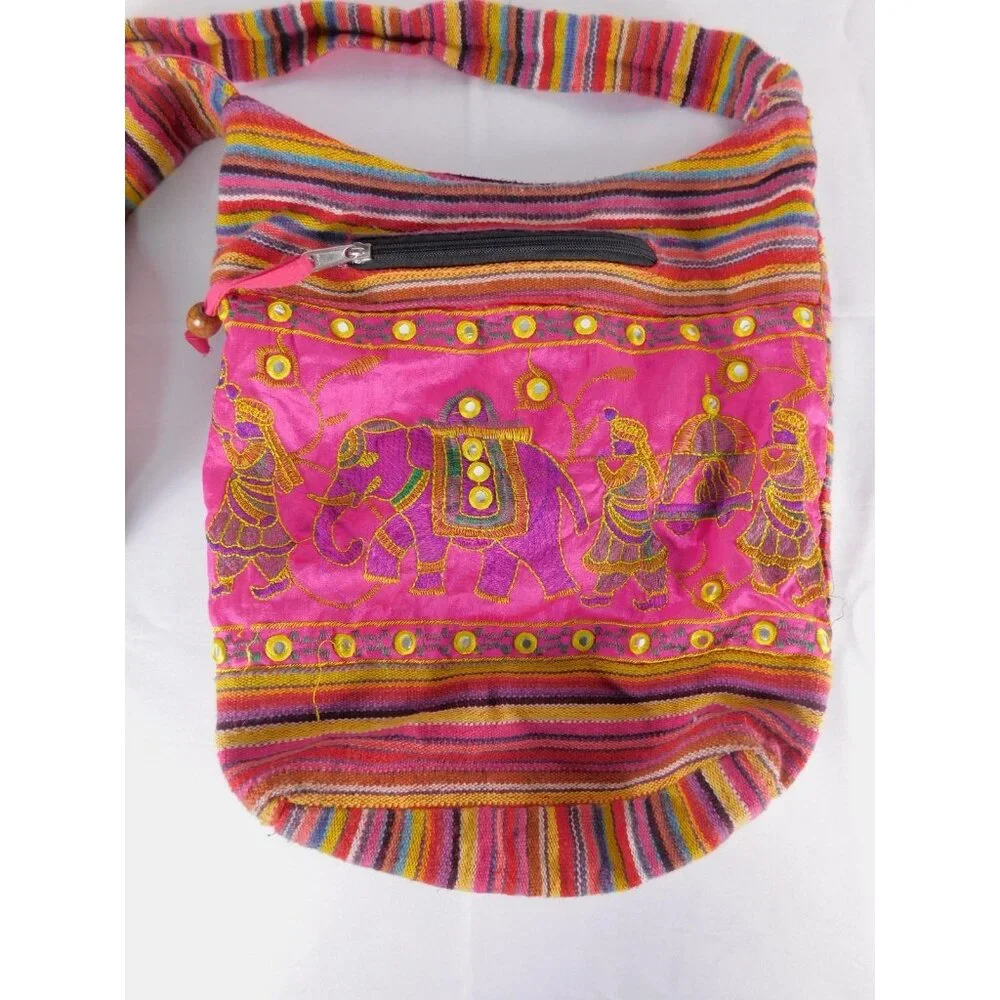 Tribe Azure Crossbody Bag Womens Medium Pink Striped Elephant Embroidered Boho